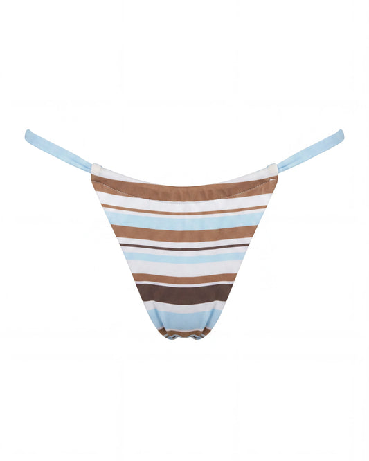 bikini tipo tanga de rayas azules, marrones y blancas