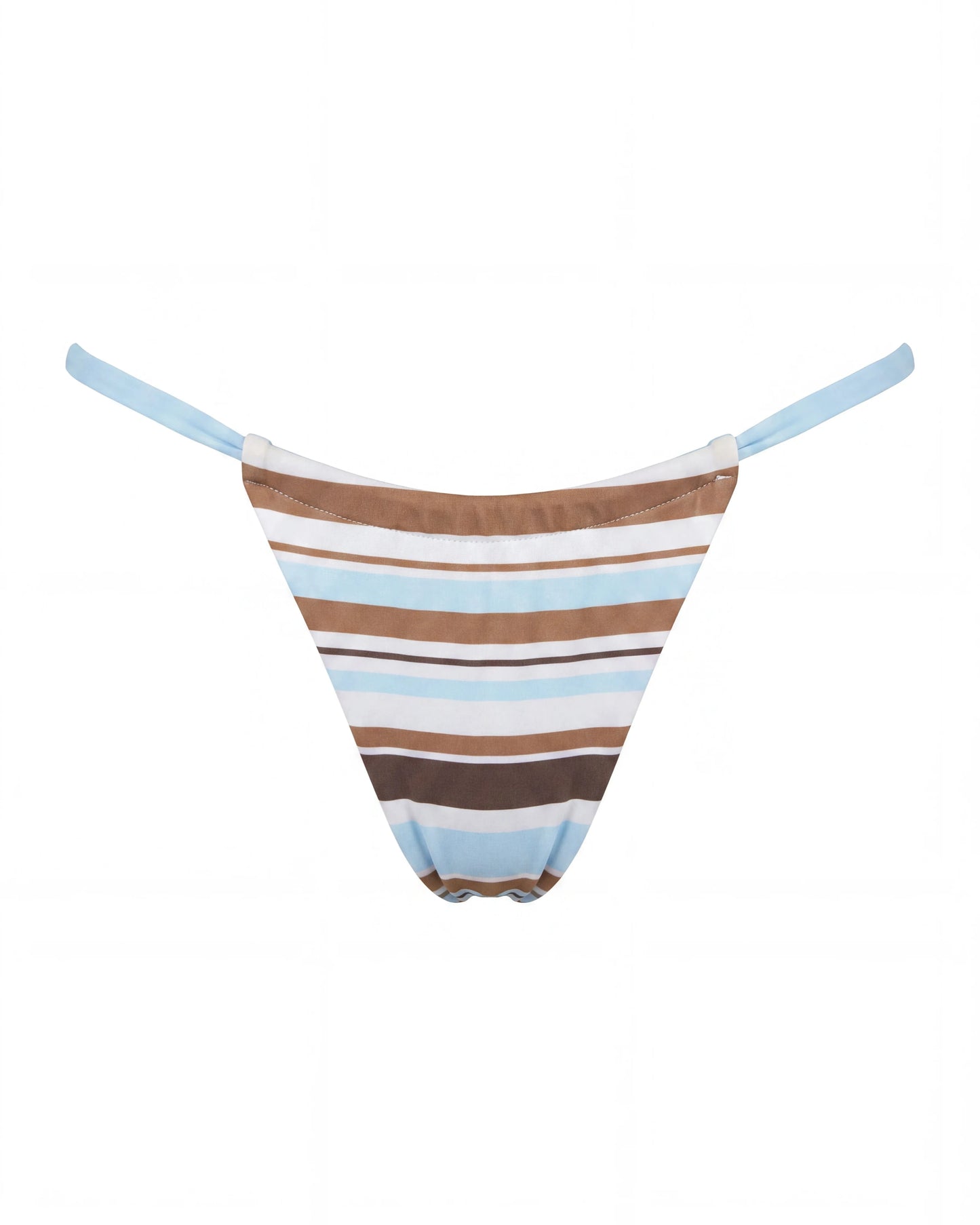 bikini tipo tanga de rayas azules, marrones y blancas
