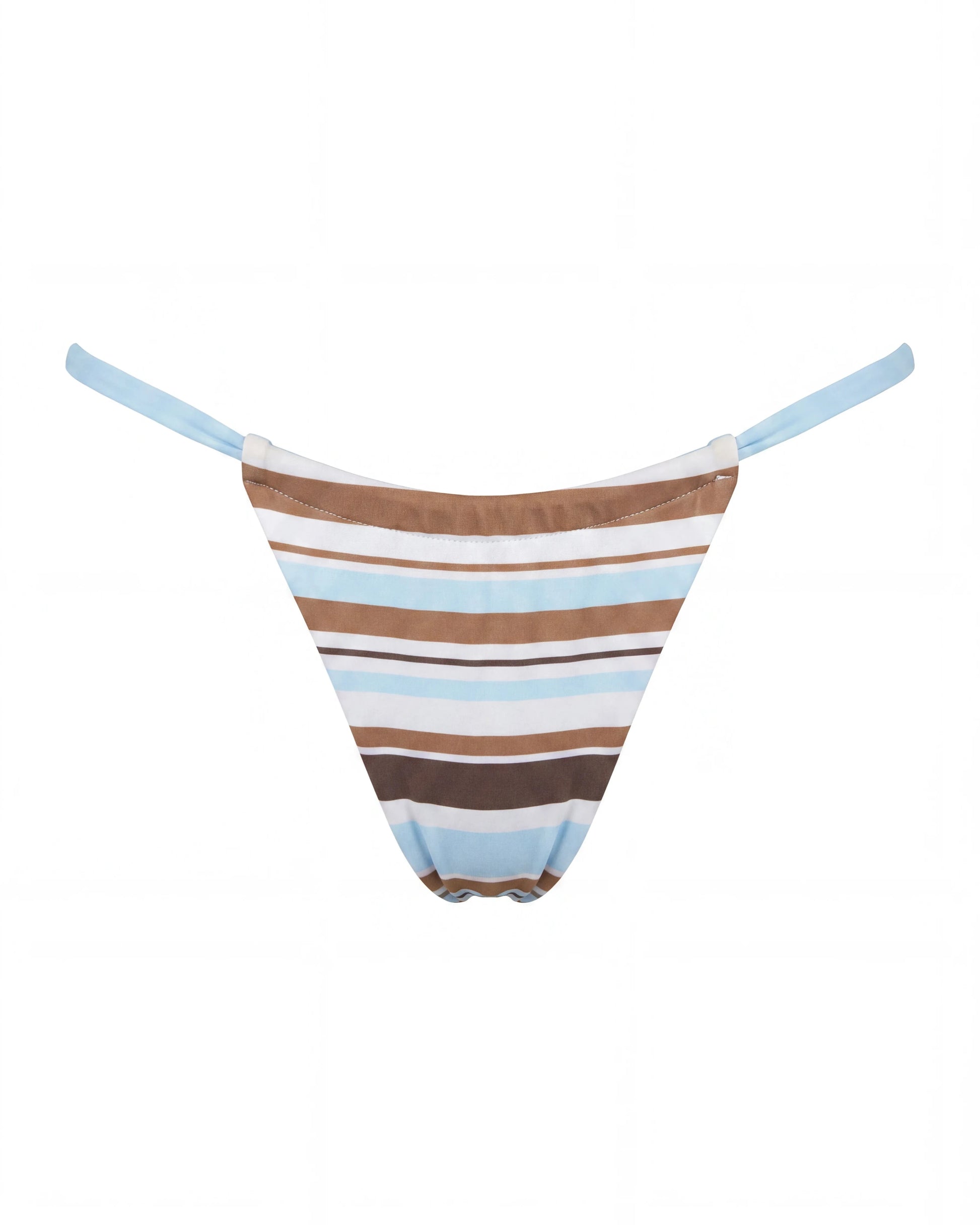 bikini tipo tanga de rayas azules, marrones y blancas