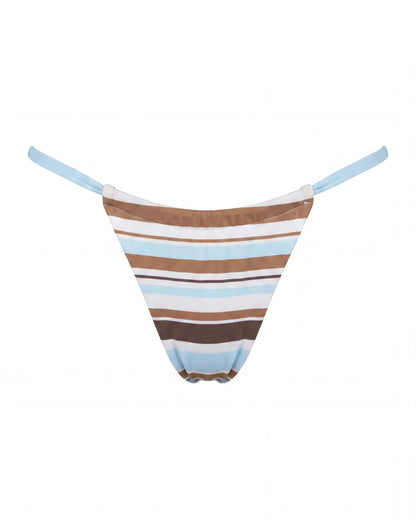 bikini tipo tanga de rayas azules, marrones y blancas