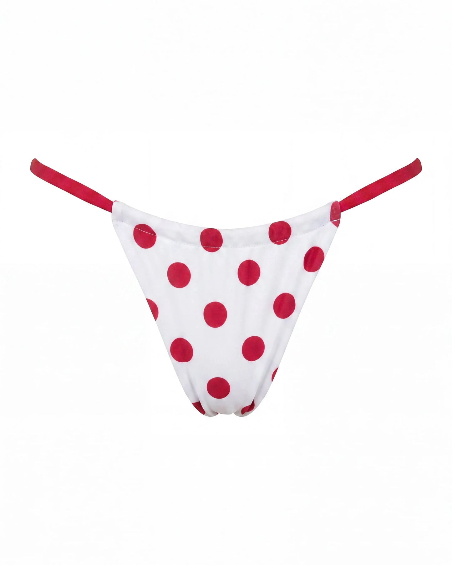 bikini tipo tanga color blanco con lunares rojos