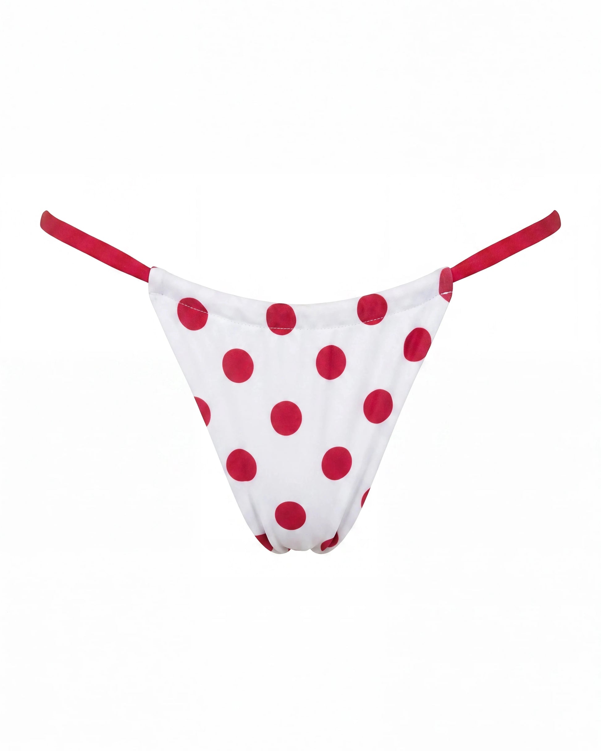 bikini tipo tanga color blanco con lunares rojos