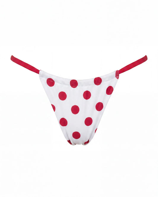 bikini tipo tanga color blanco con lunares rojos